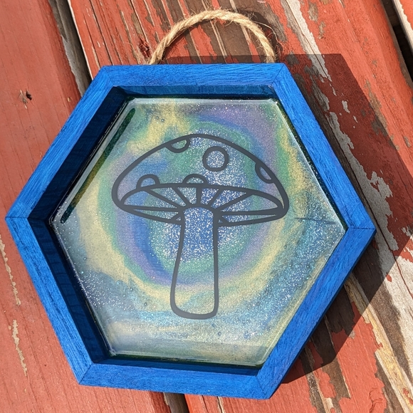 Mushroom Wall Hanging Blue Wood Shadowbox Art Handmade Nature Cottagecore - Picture 6 of 11